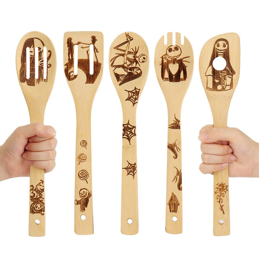 Nightmare Before Christmas Gifts - 5 Pcs Wooden Spoons for Cooking,Halloween Kitchen Utensils Set,Cooking Utensils set for Halloween Decor