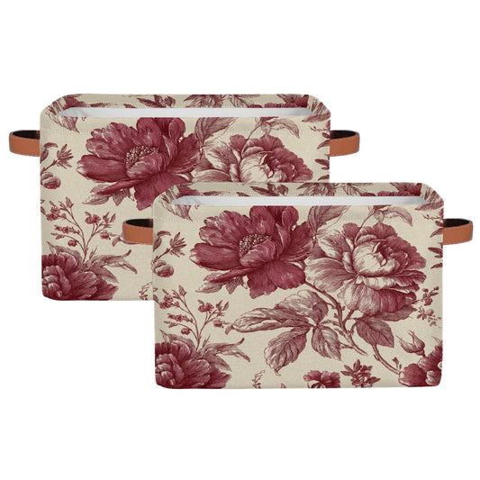 Collapsible Fabric Cube Storage Bins with Handles for Closet Shelves,Burgundy Red Vintage Peony Floral Foldable Organizer Baskets for Organizing Clothes Nursery Toy,2Packs