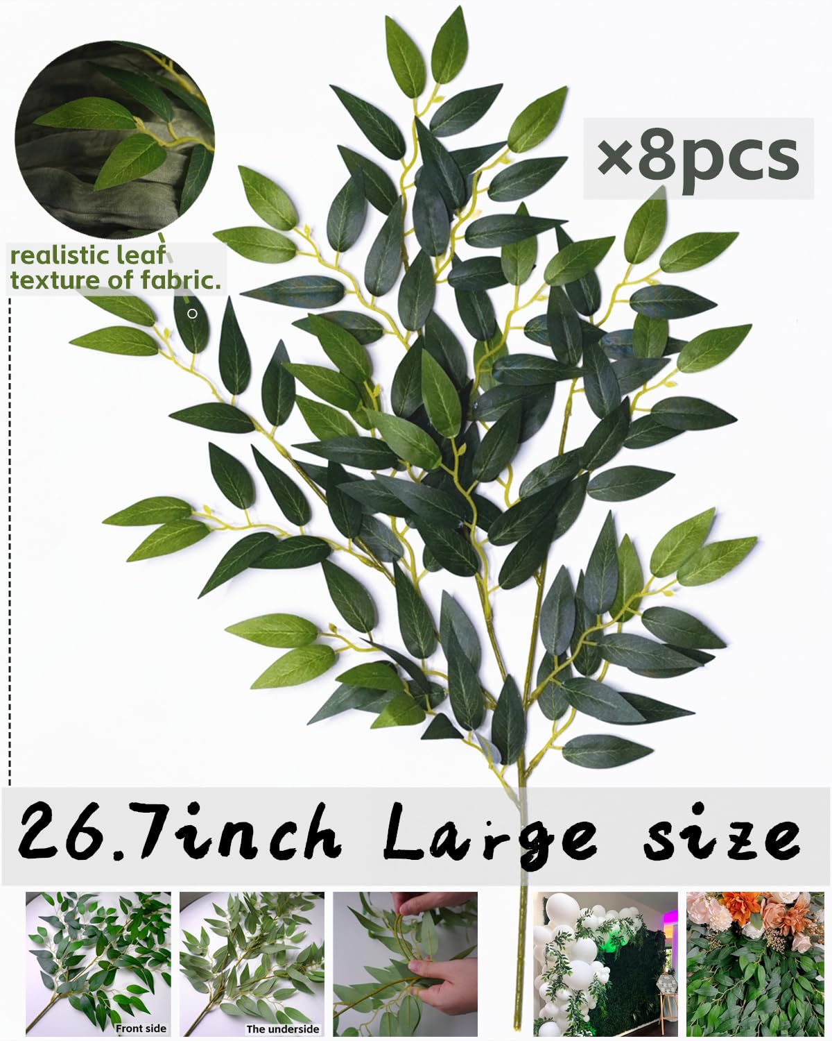 Ardemiy 8pcs Italian Ruscus Artificial Leaves with Stems, Green Silk Leaf Wedding Arch Greenery Filler for Flower Arrangements, Faux Foliage Greenery Stems
