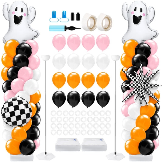 Kasyat 2 Sets Pink and Orange Halloween Balloon Arch Kit with Ghost Black White Checkered Round Ball Explosion Star Foil Balloon Orange Pink Black White Garland for Spooky Theme Party Decoration
