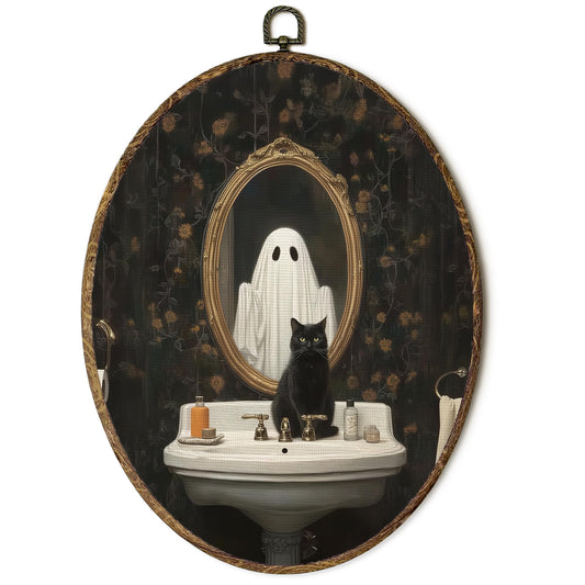 OINDADE Halloween Ghost Bathroom Oval Wall Art Decor, Fall Spooky Ghost Wall Art Hanging Decor, Halloween Fall Season Gothic Black Cat Framed Canvas Artwork for Bathroom Washroom Toilet, 8.8x11.5in
