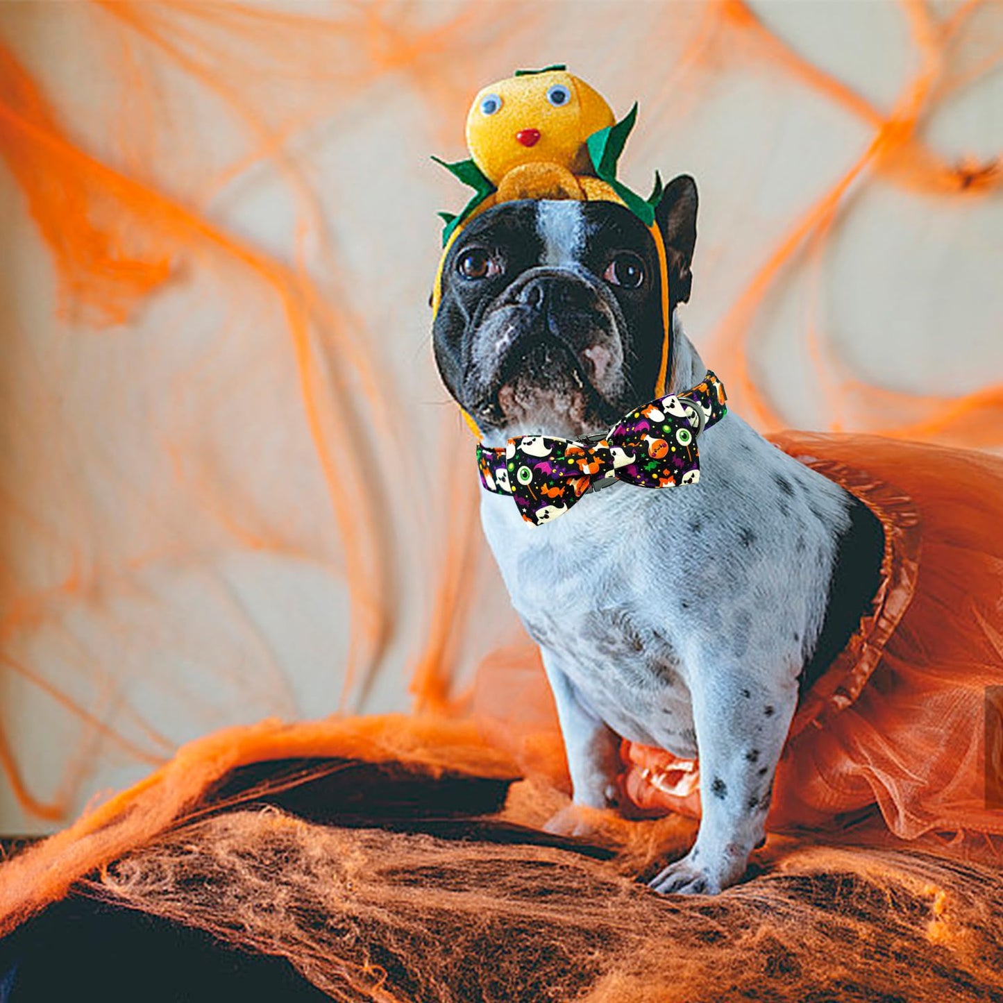 Elegant little tail Fall Dog Collar, Halloween Dog Collar Ghosts Pet Collars with Bowtie Metal Buckle Cotton Puppy Girls Boys Adjustable Pet Collars for Large Dogs