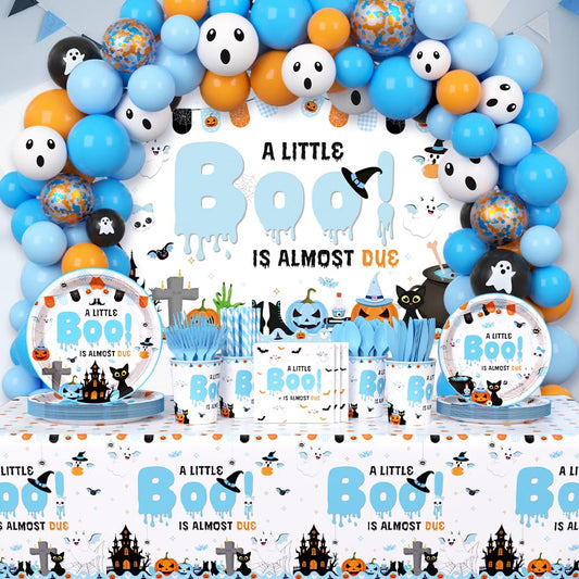 AIBIIN Halloween Baby Shower Decorations for Boys, A Little Boo is Almost Due Blue Balloons Garland Arch Kit with Backdrop Tableware Set for Newborn Party Decor Supplies