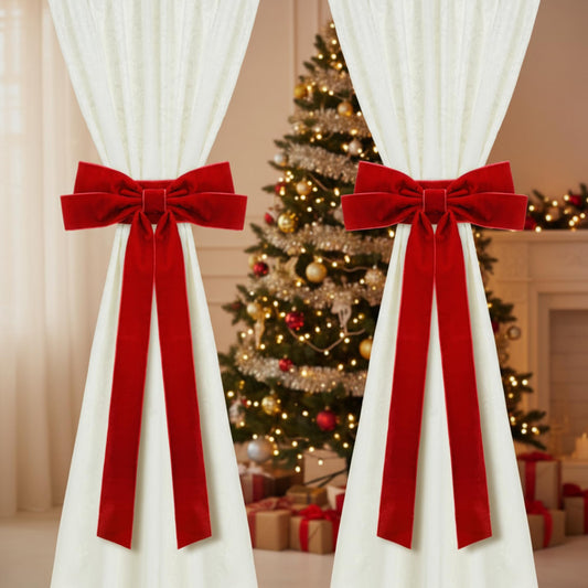 Amyhill 2 Pcs Christmas Red Bow Curtain Tie Backs Burgundy Velvet Bowknot Drapes Buckle Holde Curtain Back Fastener for Xmas Wedding Birthday Cabinet Window Home Hotel Dining Room Party Decoration