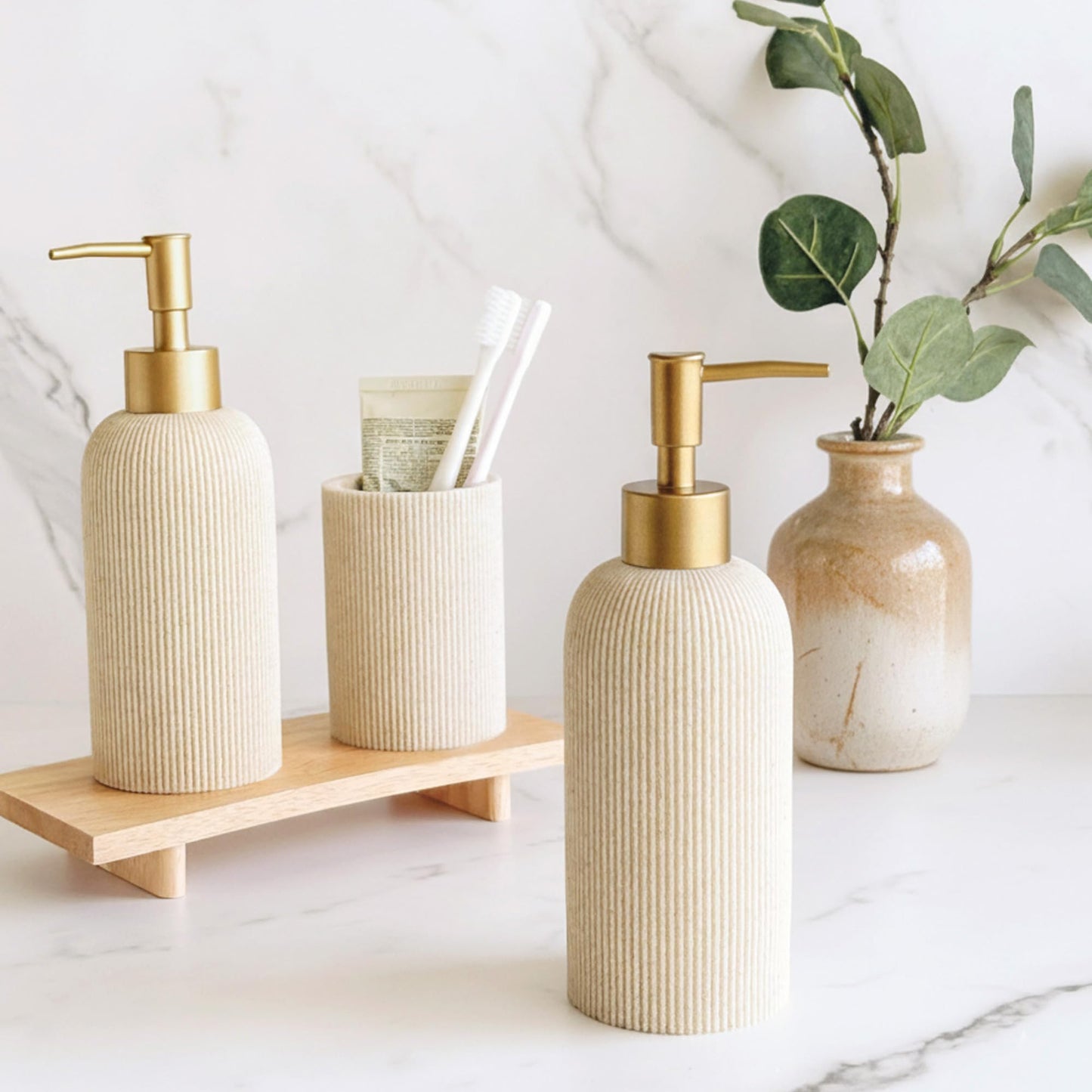 Sand Beige Hand Soap Dispenser with Matte Gold Pump, 7 oz