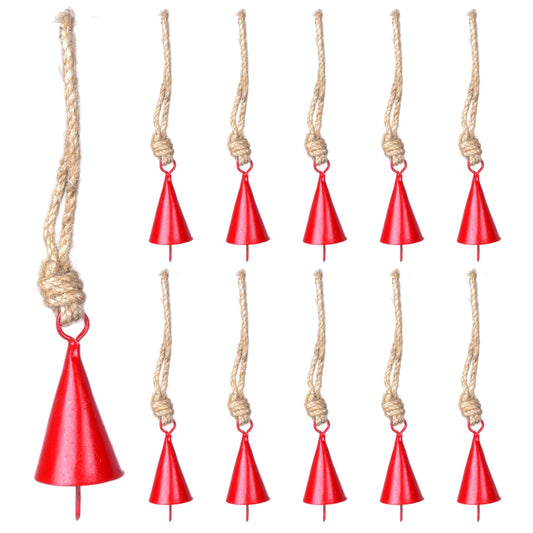 Pack of 10 Small Vintage Metal Cow Bells, Mini Iron Tin Hanging Jingle Bells for Crafts, Red Christmas Tree Ornaments, Farmhouse Boho Garland, DIY Wreaths, Wedding and Witch Handmade Decoration