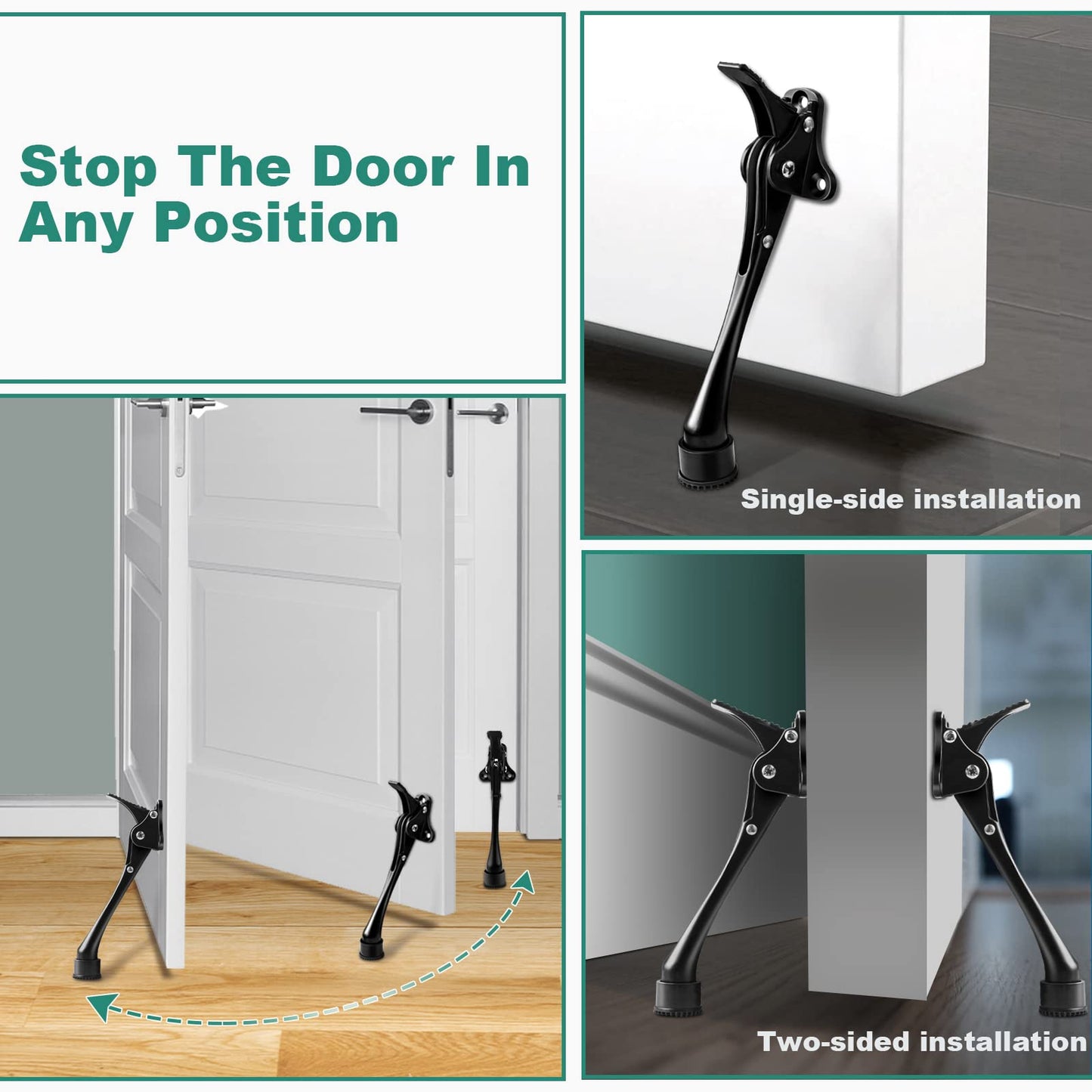 Door Stop, 6 Inch Kickdown Door Stopper with Non-Slip Rubber Tip, One Touch Heavy Duty Doorstop for Bottom Door, Adjustable Metal Door Holder, 2 Pack, Black