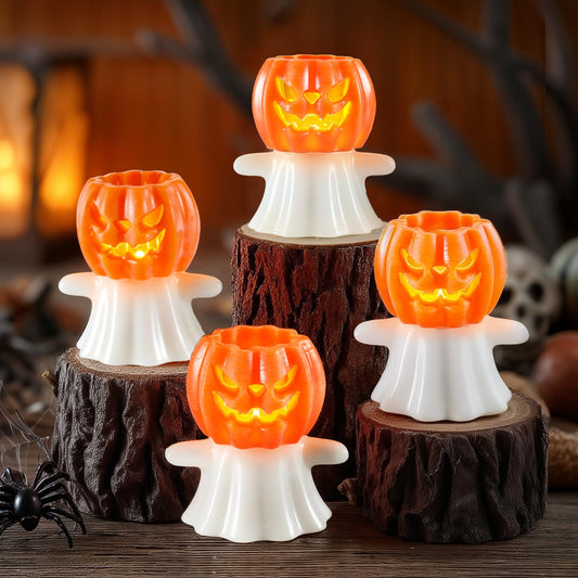 Homemory Real Wax Pumpkin Ghost Lamp, 4 Pcs Flickering Flameless Candles with 6hrs Timer, Spooky Halloween Pumpkin Candles, LED Battery Operated Lights for Home Halloween Decor, Theme Party
