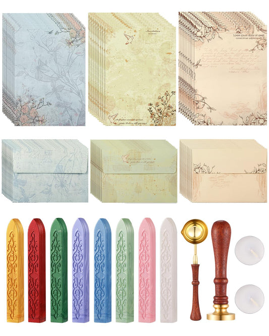 Comealltime 73Pcs Vintage Paper and Envelopes Set, 30 Stationary Letter and Envelopes, 8 Wax Seal Sticks, Wax Spoon, Rosemary Stamp and 2 Tea Candles for Wedding Party Invitation Love Xmas Letter