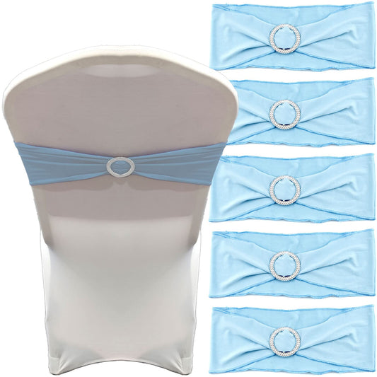 IFAMIO 20 Pcs Light Blue Chair Sashes with Buckles Bridal Stretch Spandex Chair Bands Elastic Bows Ties with Buckle for Wedding Party Birthday Graduation Banquet Event Decoration (Sky Blue)