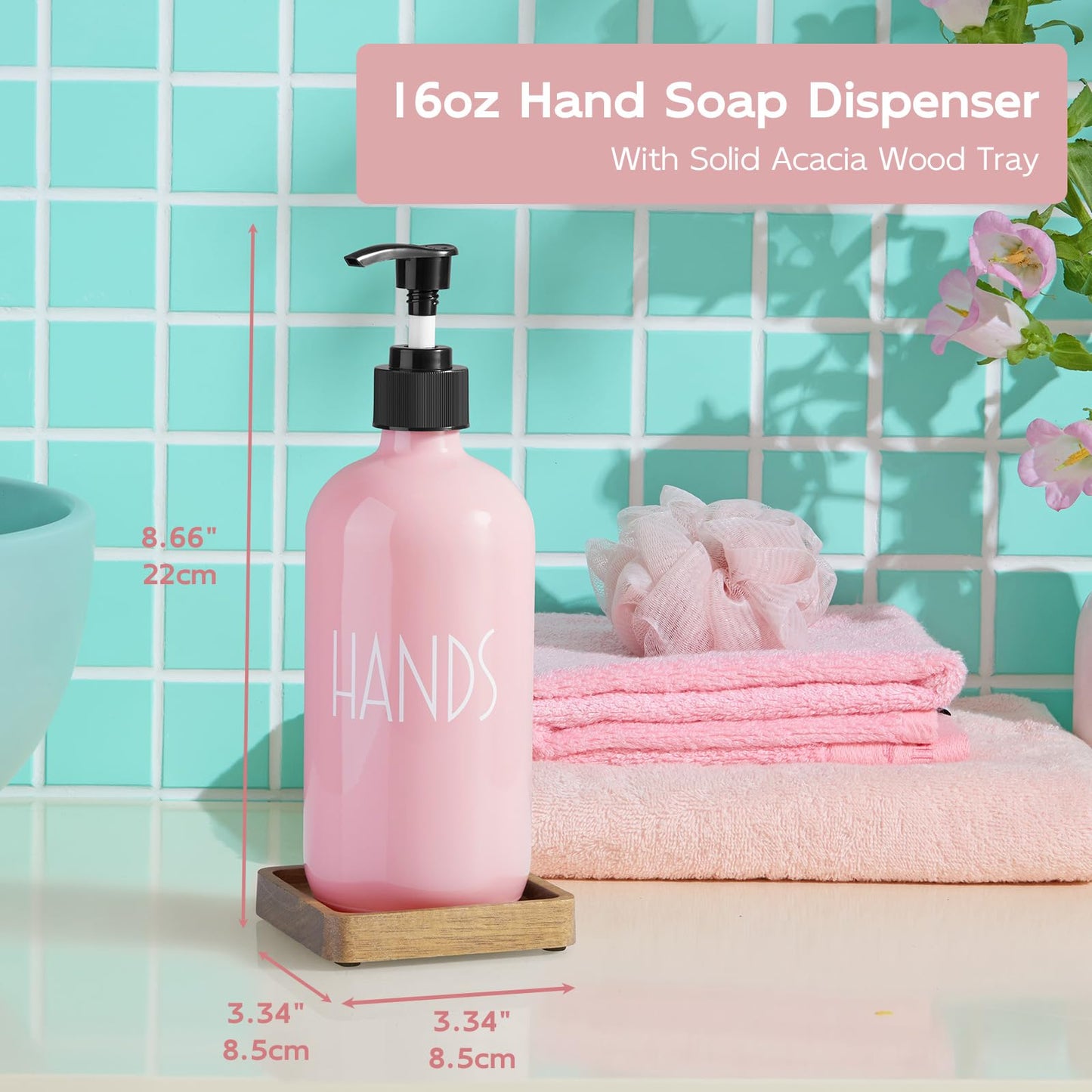 Pink Glass Hand Soap Dispenser with Acacia Wood Tray, 16 oz Refillable Hand Soap Pump Bottle, Decorative Countertop Soap Dispenser Set for Kitchen, Bathroom, Restaurant