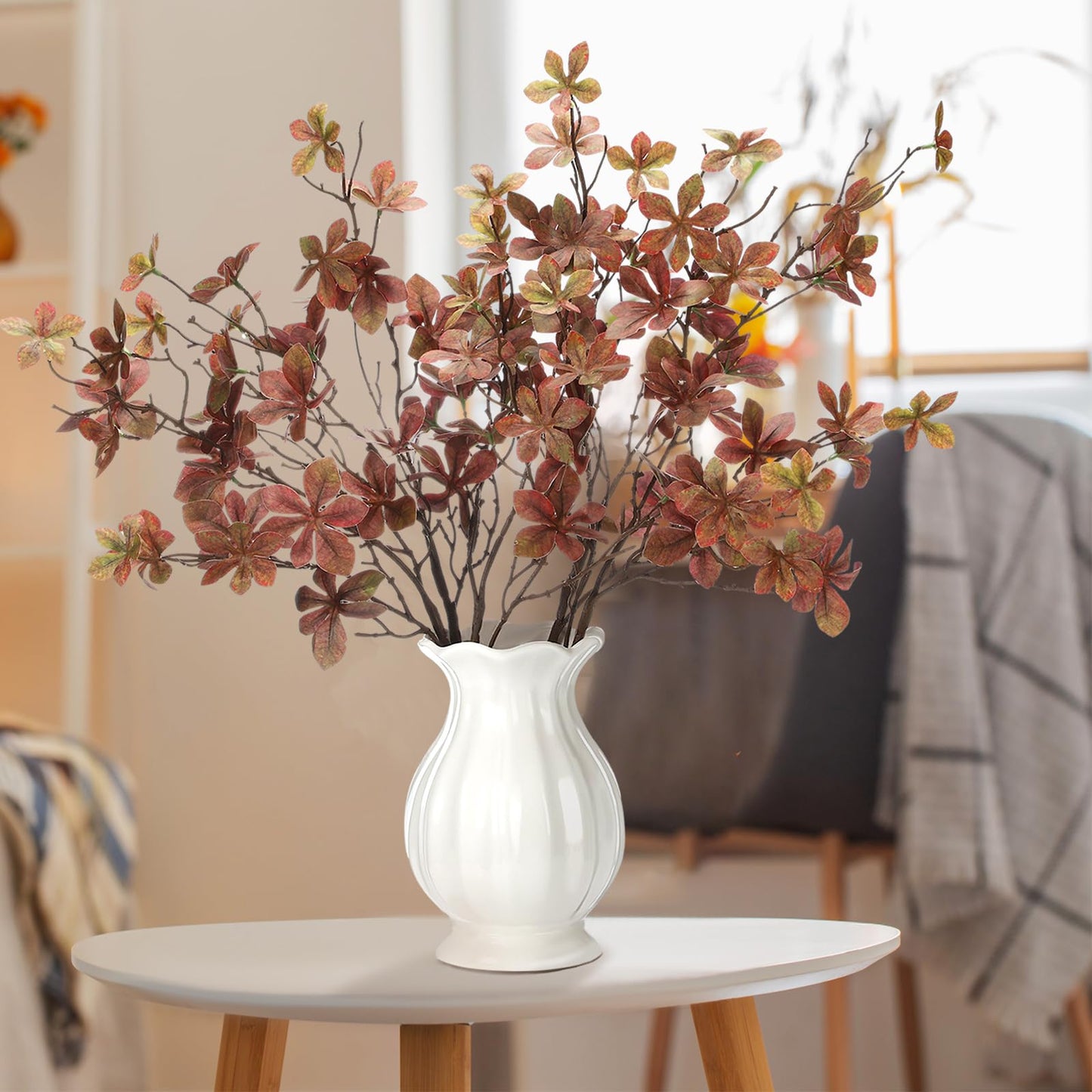Suncalla 4 Pcs 30 Inch Fall Leaves Stems for Vase Artificial Rusty Quince Leaf Faux Branch Floral Pick Fake Twig Plants with Long Stem for Home Table Centerpiece Harvest DIY Decor