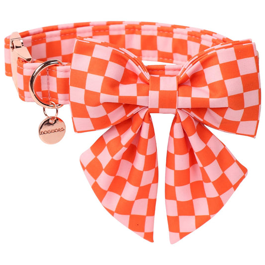 DOGWONG Orange Pink Plaid Dog Collar with Bow - Adjustable and Comfortable Autumn Dog Collar Fall Necklace for Large Medium Small Pet,M