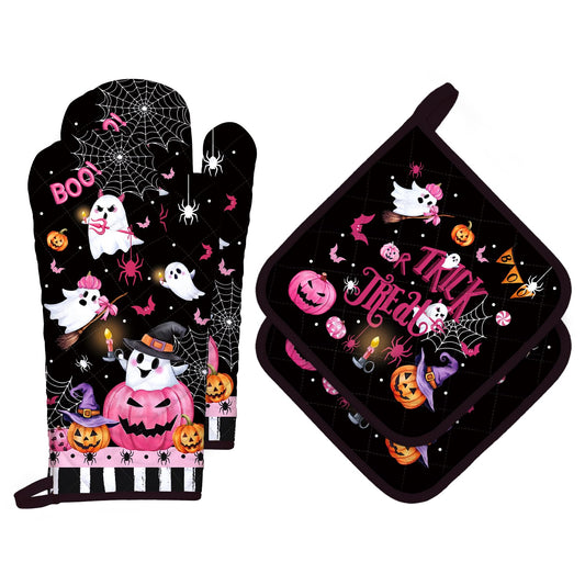 Arquiel Halloween Boo Pink Pumpkin Oven Mitts and Pot Holders Sets 4Pcs, 100% Cotton Heat Resistant, Extra Long Oven Gloves Potholder for Kitchen Cooking Baking Decoration