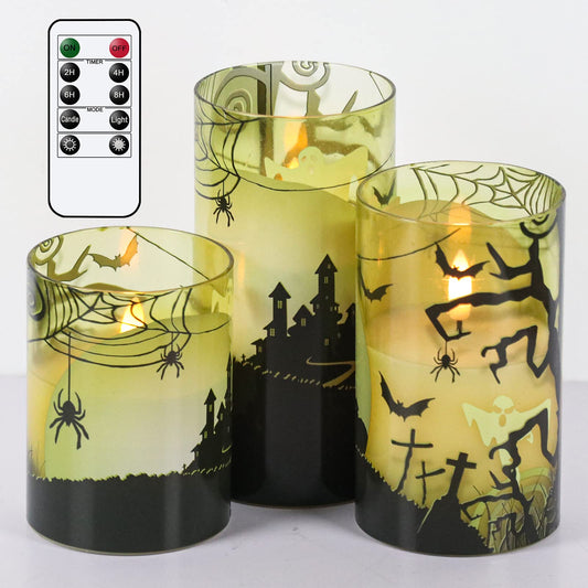 GenSwin Halloween Candles Flameless with Remote Timer, Flameless Candles with Spider Web, Ghost, Castle Decals, 3 Pack Green Glass Battery Operated Candles with 3D Flickering Flame for Fall Decor