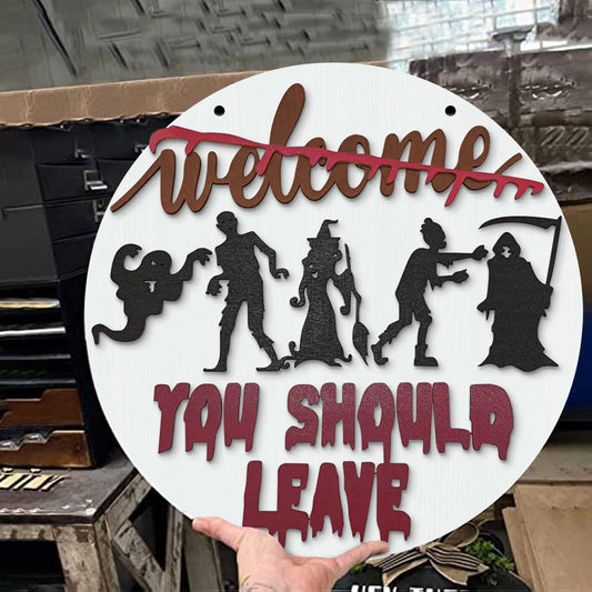 Halloween Horror Welcome Sign for Front Door, Welcome You Should Leave Sign, Horror Movie Characters Door Hanger, Halloween Door Sign Scary Halloween Decorations Wreath for Farmhouse Porch Wall Decor