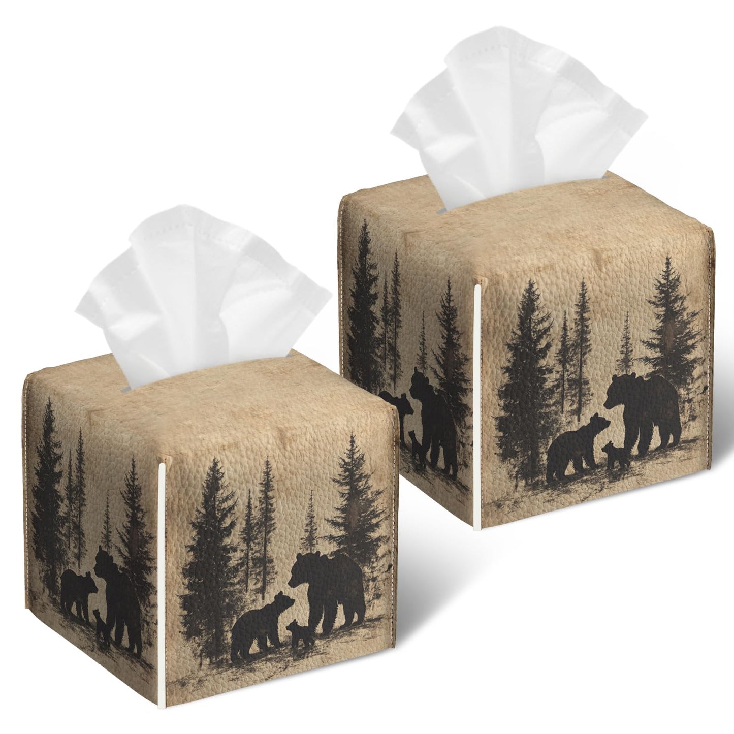 Bear Pine Tree Tissue Box Cover 2PCS, Leather Tissue Box Holder Square Facial Paper Case Tissue Box Cube Organizer for Bathroom Bedroom Desk Office