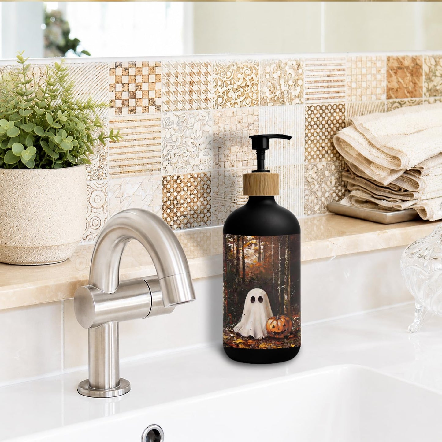 Stelloriellea Forest Ghost Halloween Glass Soap Dispenser with Pump
