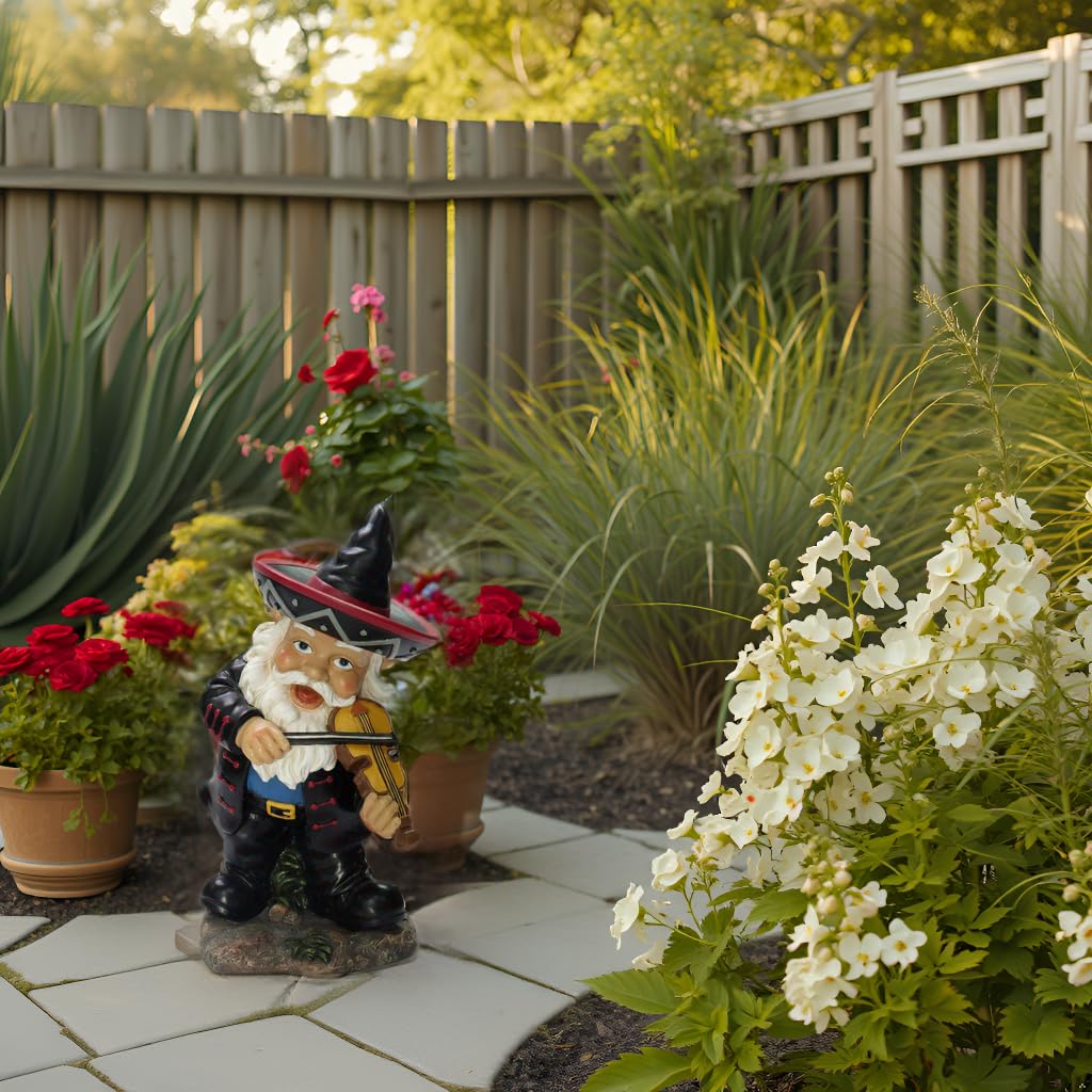 Nature's Mark Mariachi Garden Gnome Statue Playing Violin - Funny Mexican Sombrero Fiddler Gnome Figurine Indoor/Outdoor Decor, 10" Tall Resin Lawn Ornament