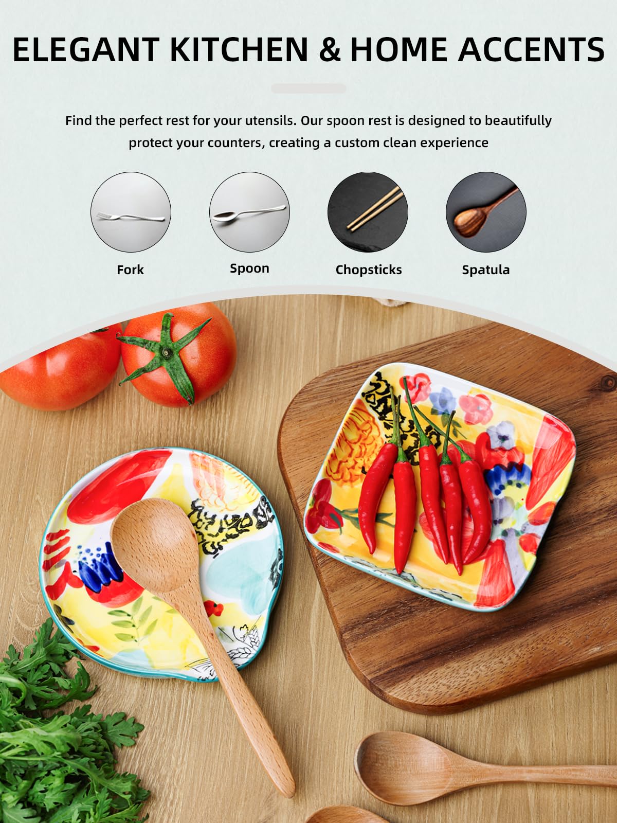 Ceramic Handmade Spoon Rest Set of 2, Colorful Hand Painted Spoon Holder