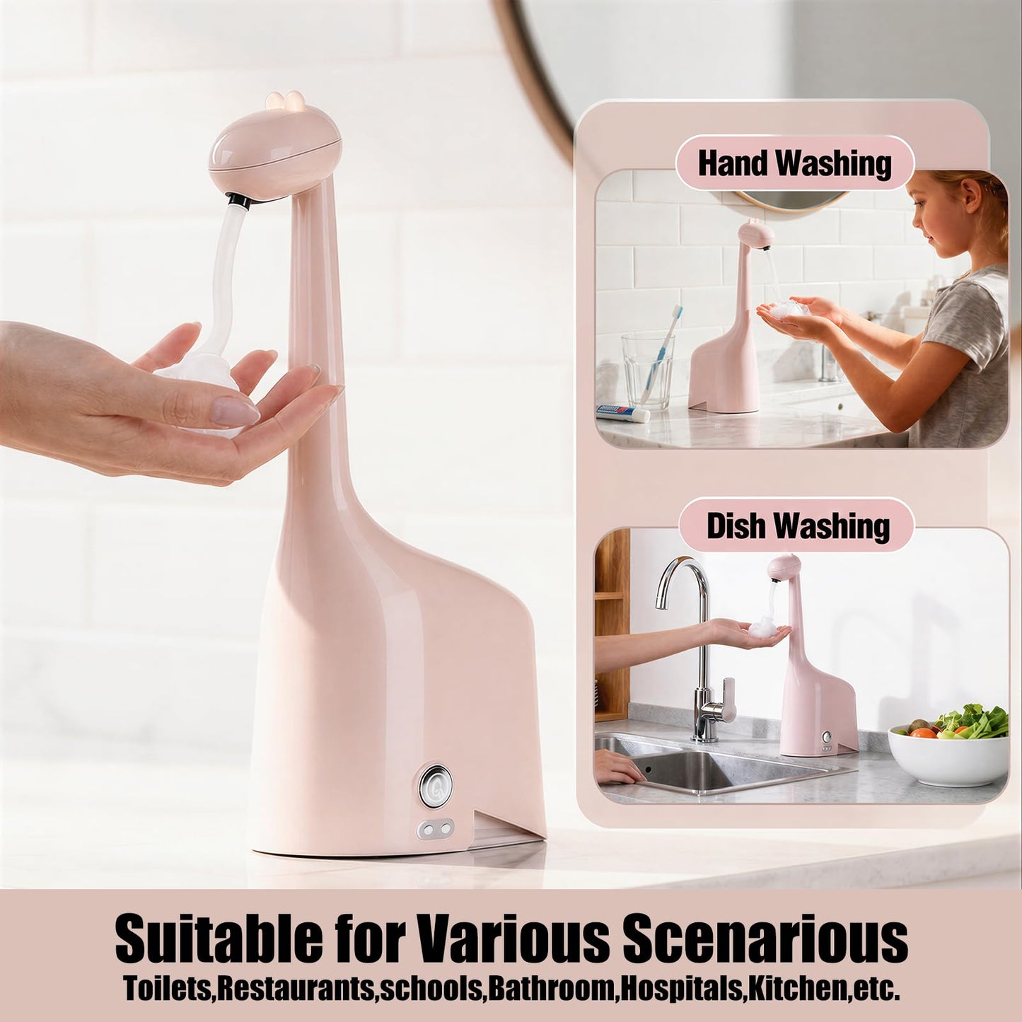 Automatic Soap Dispenser,Cute Dinosaur, Touchless, Rechargeable Foaming Soap Dispenser, 10oz/300ml, 3-Level Adjustable Foam, IPX5 Waterproof for Bathroom, Kitchen, Hotel,Restaurant, Pink