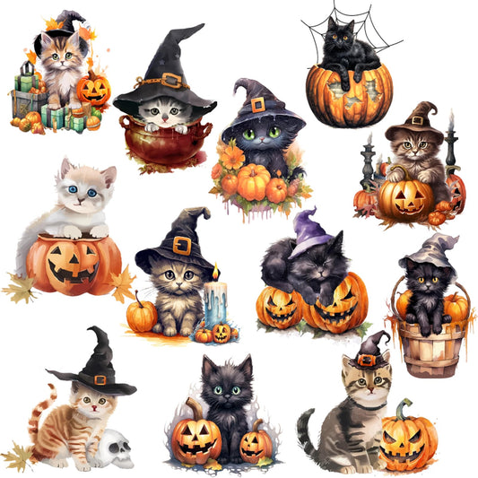 Cheerupp Halloween Cat Fridge Magnets, 12 Pieces Orange and Black Pumpkin Bat Refrigerator Magnetic Stickers Decals for Metal Door Locker Mailbox Car Decoration Supplies