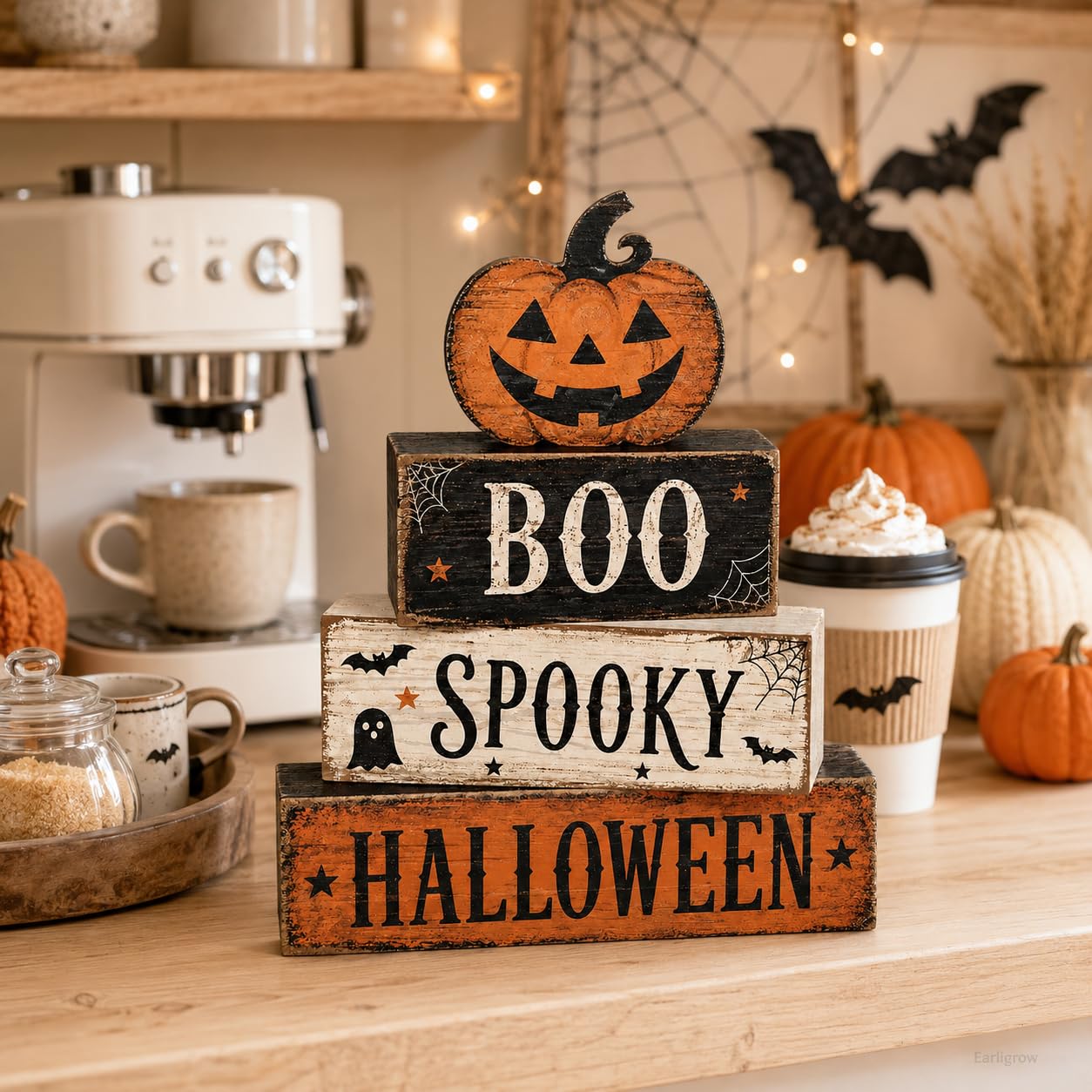 4 Pcs Halloween Table Decorations, Spooky Boo Tiered Tray Decor, Wooden Block Signs with Jack-O-Lantern, Farmhouse Rustic Tabletop Centerpiece for Home Shelf Kitchen Coffee Bar