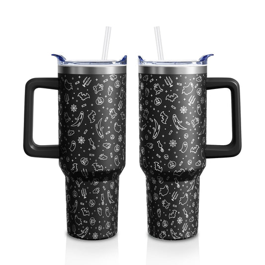 Sabobo Halloween Ghost Cup Gifts for Women Men, Spooky 40oz Tumbler with Handle and Straw, Holiday Black Engraved Stainless Steel Insulated Water Bottle (1 PC)