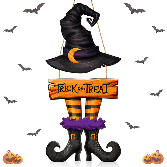 BBTO Halloween Door Sign Witch Wreath Decorations Trick or Treat Wooden Hanging Decorations Halloween Porch Sign for Farmhouse Front Door Hanger Porch Wall Decor