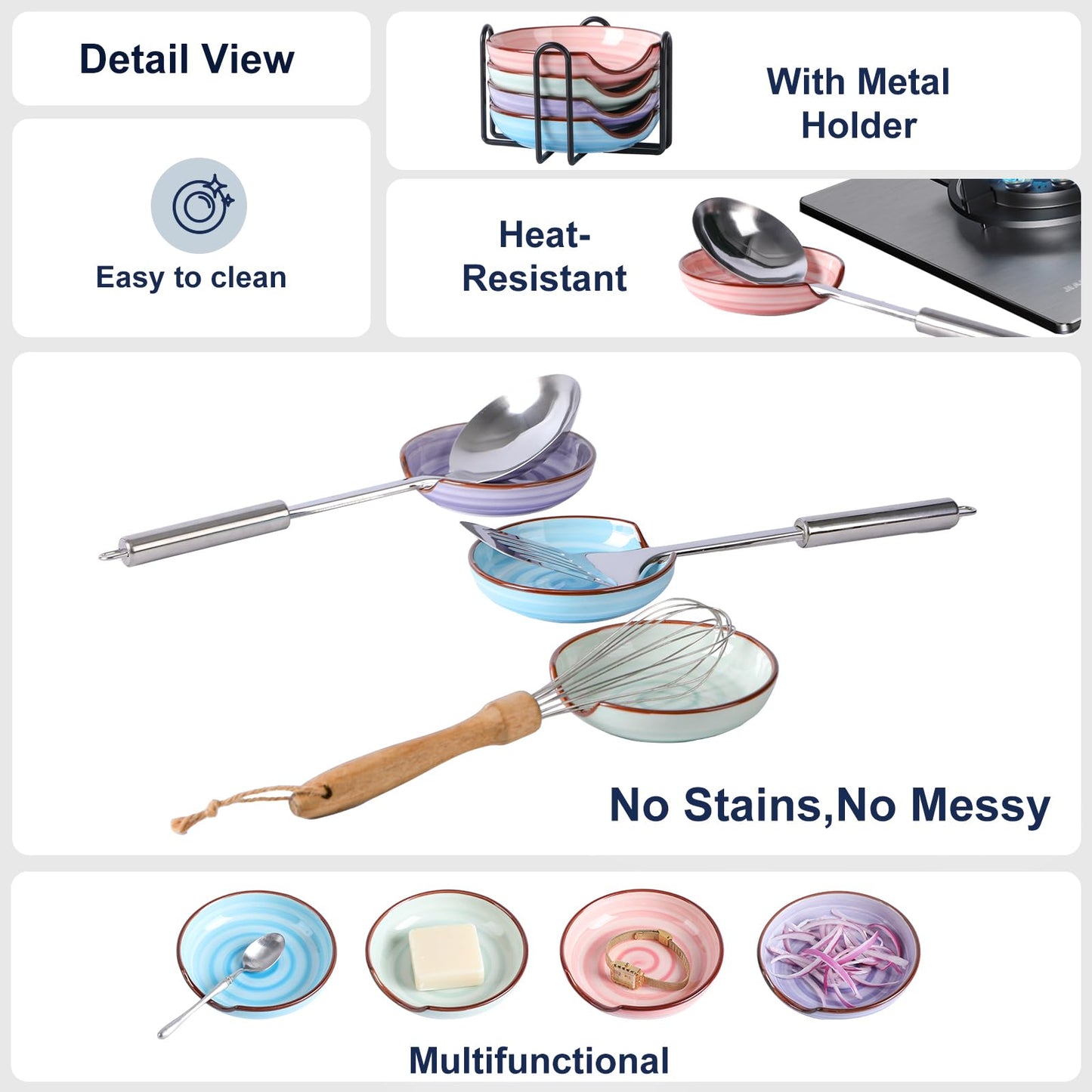 Selamica Ceramic Spoon Rest with Holder, 4.8 Inch Spoon Rest for Stove Top, Spoon Holder for Kitchen Counter, Coffee Spoon Holder, Utensil Rest for Cooking, Ladles, Tong, Set of 4, Gradient Color