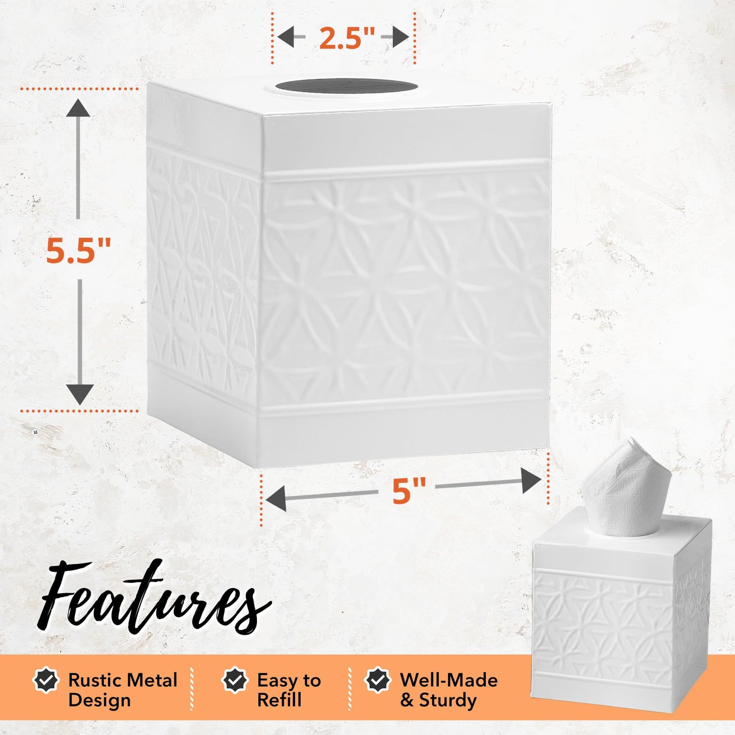 Autumn Alley White Tissue Box Cover Square, Bathroom Accessories, Decorative Tissue Holders for Bathrooms, Bedroom, Kitchen with Embossed Pattern Tissue Holders Decorative, Modern, White