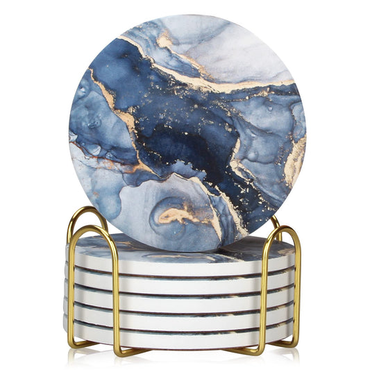 Dksyee Coasters Set of 6, Navy Blue Marble Abstract Round Ceramic Coasters with Holder, Best Absorbent Drink Coaster Set, Coffee Table Decor for Home Decor House Warming Gifts New Home