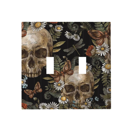 Halloween Skull Gothic Vintage Mushroom Floral Double Toggle Light Switch Cover Decorative Daisy Skeleton Butterfly 2 Gang Wall Plate Electrical Faceplate for Bathroom Home Living Room Decor