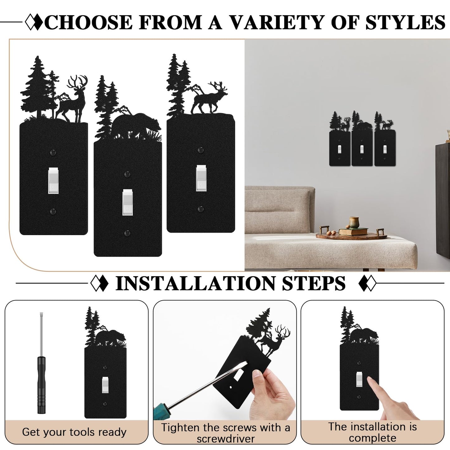 Flutesan 3 Pieces Metal Bear Light Switch Cover Plate Rustic Toggle Moose Light Switch Cover Cute Nature Animal Mountain Outlet Plate Decorative for Bedroom Home Office (Exquisite)