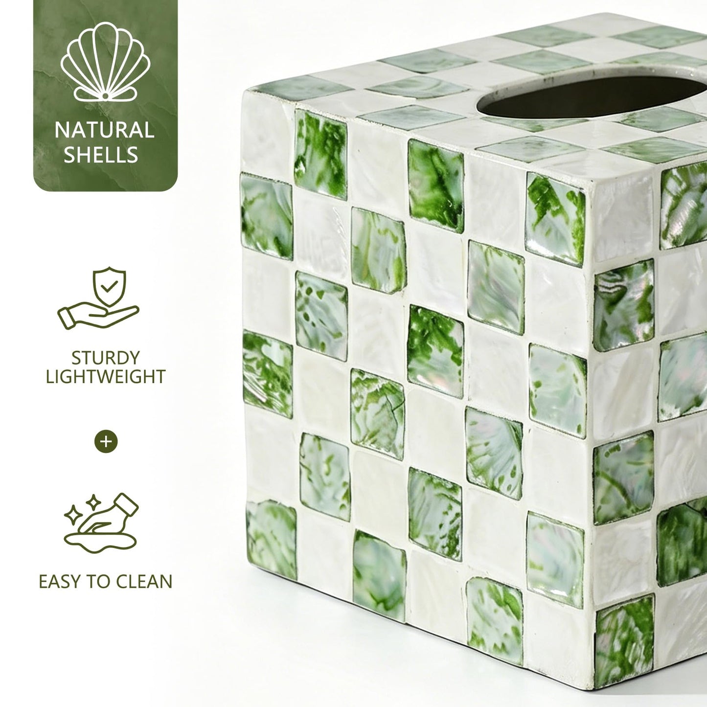 Coeusy Capiz Tissue Box Cover, Square Decorative Tissue Holder with Bottom Slider, Handmade Checkered Cube Tissue Box Cover for Bathroom Vanity,Office or Bedroom,Green