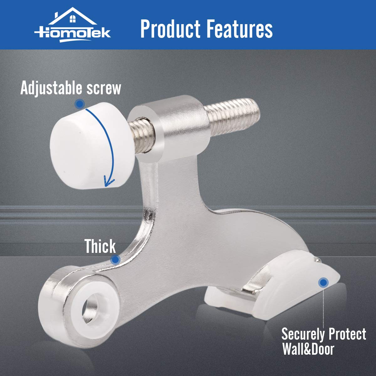 HOMOTEK 20 Pack Hinge Pin Door Stopper, Hinge Stops for Top of Door, Adjustable Deluxe Heavy Duty Door Stop 2-1/2x1-3/4 inch, with White Rubber Bumper Tips, Satin Nickel