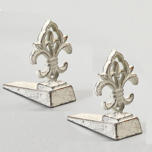 Fleur De Lis Door Stoppers Heavy Duty Cast Iron Decorative Door Stop Wedge, 2 PCS, Antique White