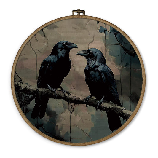 dvhdajed Dark Academia Raven Couple Round Wall Art Decor, Gothic Romantic Black Crow Framed Canvas Art, Vintage Moody Witchy Raven Round Wall Hanging Decor for bathroom Bedroom Living Room, 10x10 Inch