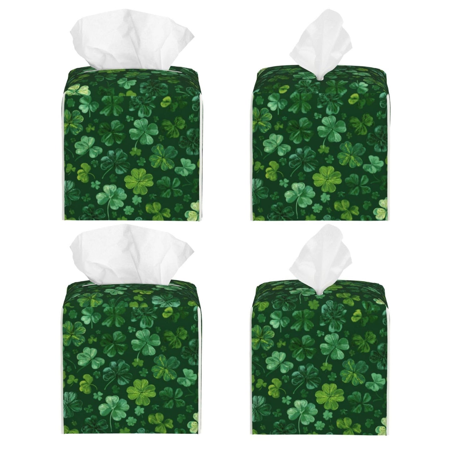 Green Clover Tissue Box Cover Square, Waterproof Leather Tissue Box Holder Portable Dispenser Modern Home Decoration for Bathroom Car Nightstand Vanity