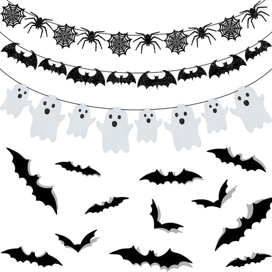 39 Pieces Halloween Decorations Black Glittery Bat Banner Spider Ghost Garland 3D Bat Wall Stickers for Halloween Party Haunted House Decoration Indoor Outdoor Mantel Supplies