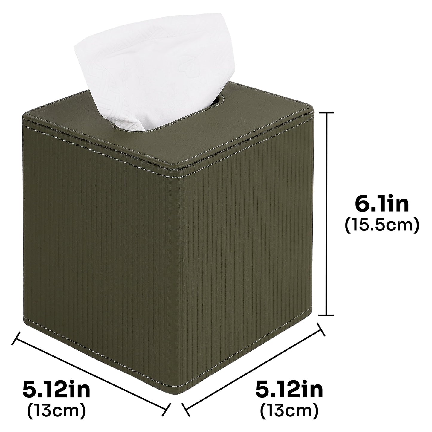 DODAMOUR Elegant Faux Leather Tissue Box Cover, Ribbed Design with Weighted Base & Magnetic Closure - Modern Decor for Bathroom, Bedroom or Office (Olive Green)