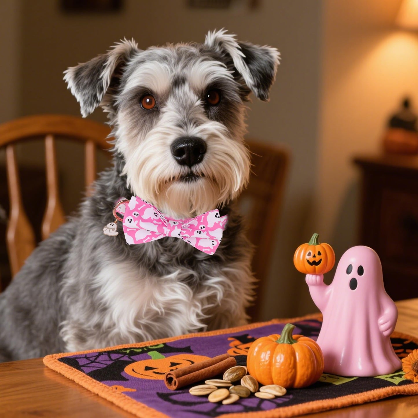 ADOGGYGO Pink Halloween Dog Collar with Bow Tie, Detachable Ghost Pet Bowtie, Metal Buckle, Adjustable Pink Halloween Collars for Small Dogs Girl (Small)