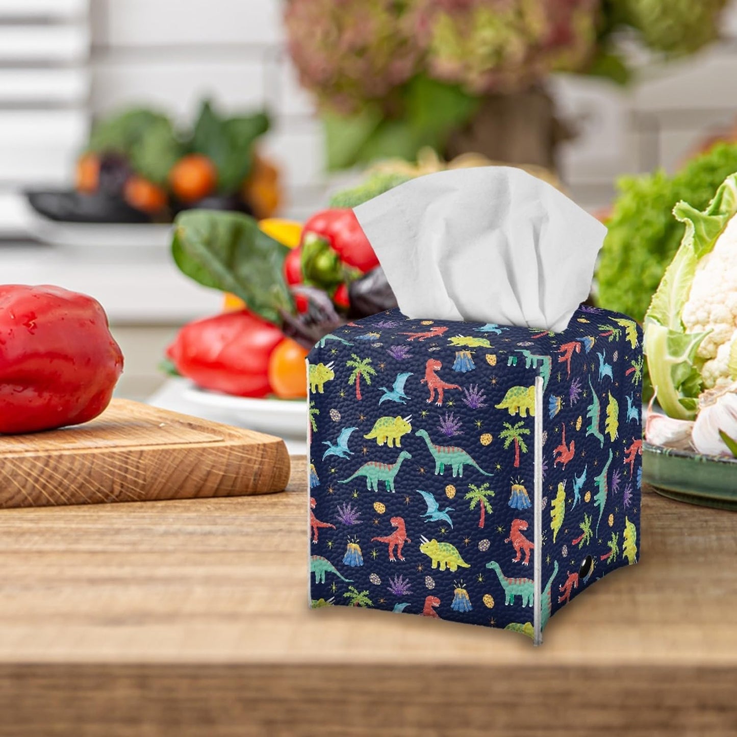 AFPANQZ Cartoon Dinosaur Tissue Box Covers Square Tissue Box Holder Organizers Leather PU Facial Paper Holder Case for Bathroom Night Stand Kids Room Decoration