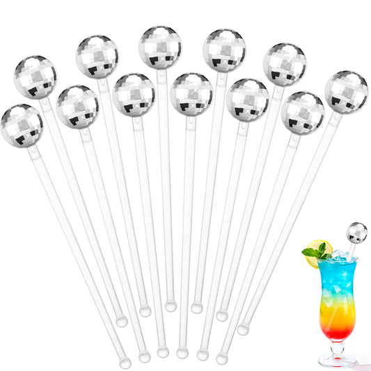 Soledea 24 Pcs Disco Ball Drink Stirrers, 8 Inch Silver Plastic Mirror Ball Swizzle Sticks, Decorative Beverage Stirrers for 70s 80s 1970s Party Home Bar Coffee Shop Use