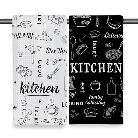Fyecoluo Black and White Kitchen Towels Decorative, Vintage Farmhouse Dish Hand Tea Towels, Gifts for Cooking Lovers, Rustic Chef Kitchen Decor, 16x24 Inch Set of 2