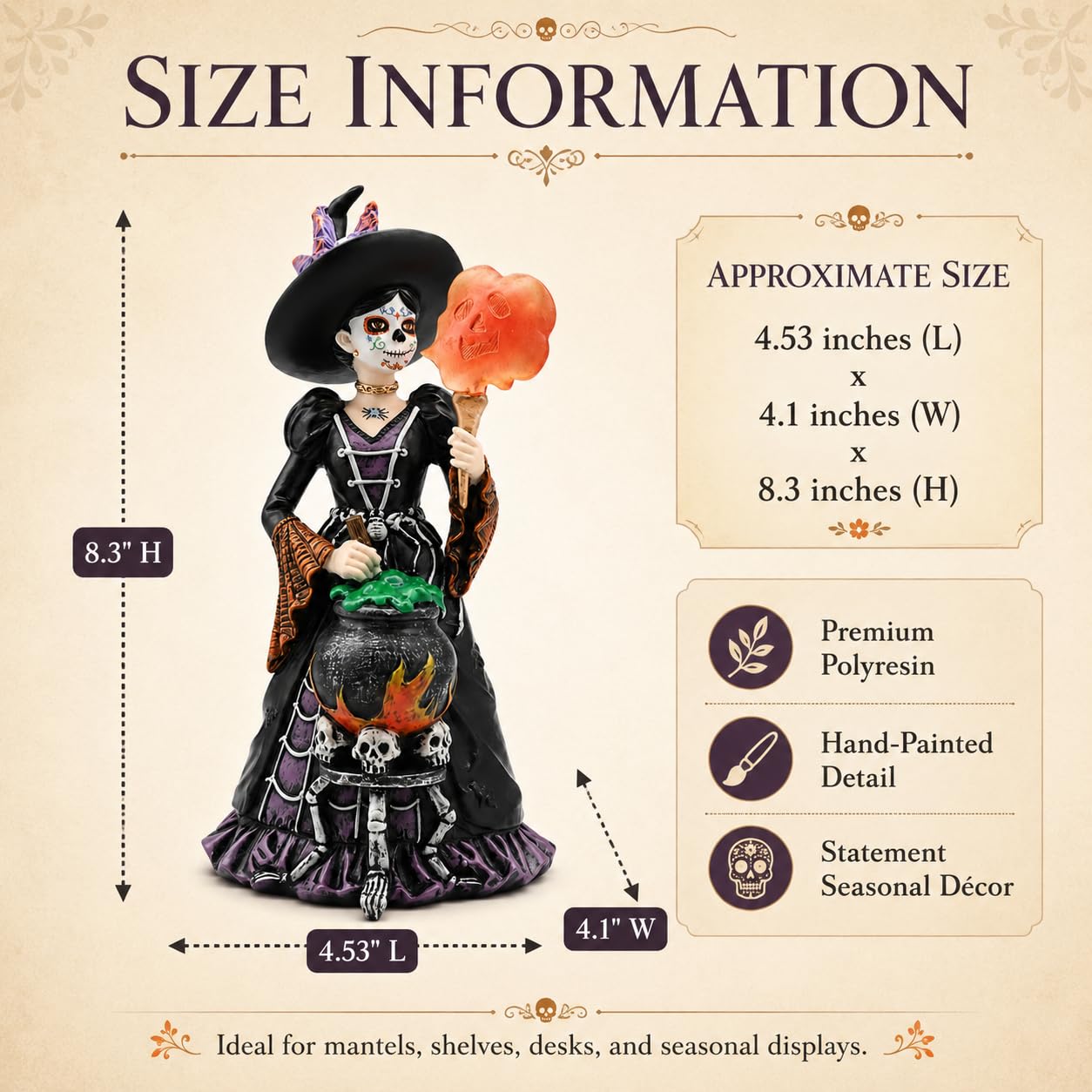 Comfy Hour Fairyland Collection 8", Witch from The Day of The Dead, La Calavera Catrina, Día de Muertos, Halloween Figurine, 4.53" L x 4.1" W x 8.3" H, Polyresin