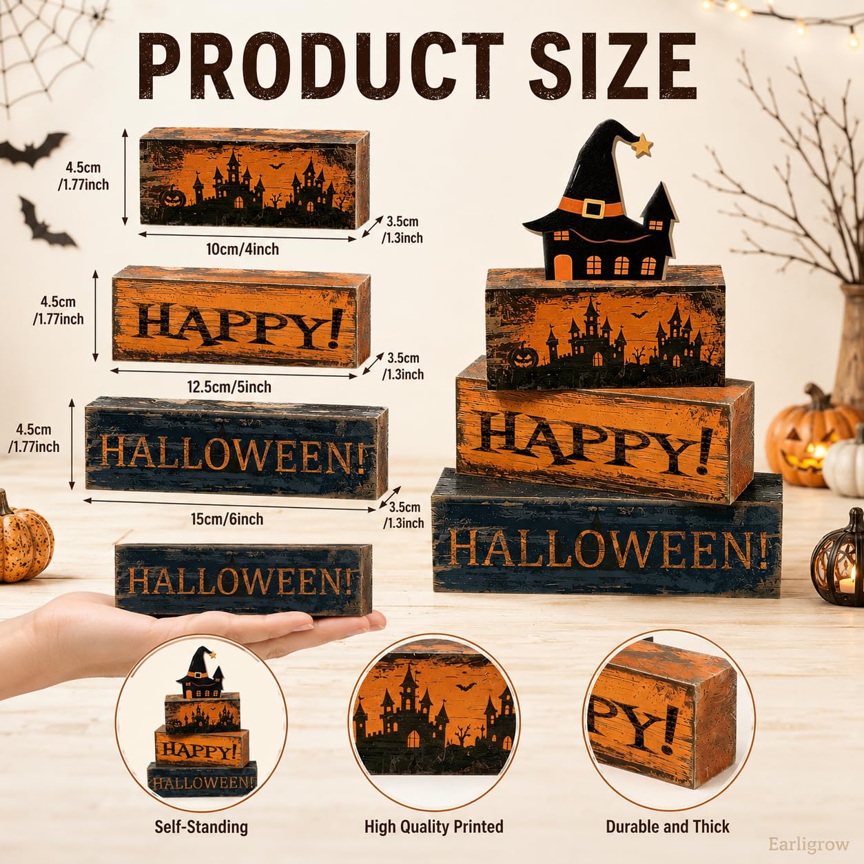 4 Pcs Halloween Table Decorations Distressed Rustic Farmhouse Tiered Tray Decor Stackable Wooden Block Signs with Hat haunted House Topper, Happy Halloween Tabletop Centerpiece for Home Kitchen Office Mantel Shelf Party