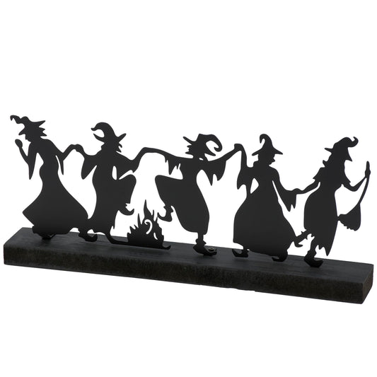 Primitives by Kathy Sitter - Dancing Witches Decorative Sitter from Our Halloween Collection Featuring a Black Metal Cutout of Witches Dancing Around a fire Attached to a Coordinating Black Wood Base
