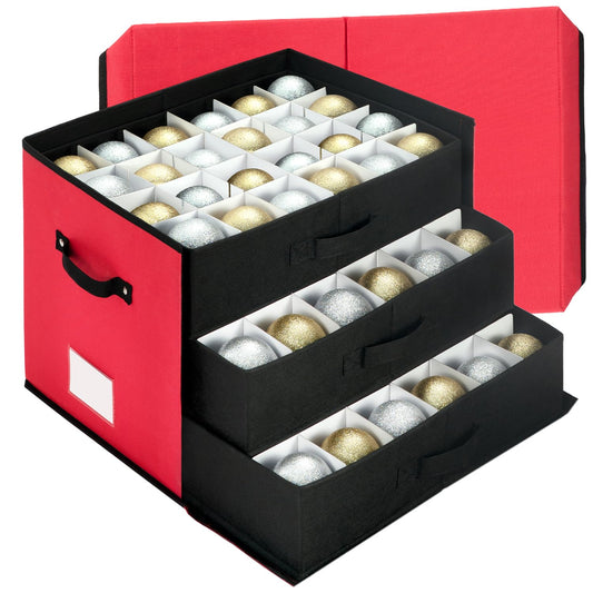 DIMESHY Large Christmas Ornament Storage Box With Adjustable Dividers,Ornament Storage Container with 3 Removable Trays for 72 Holiday Decorations,Red
