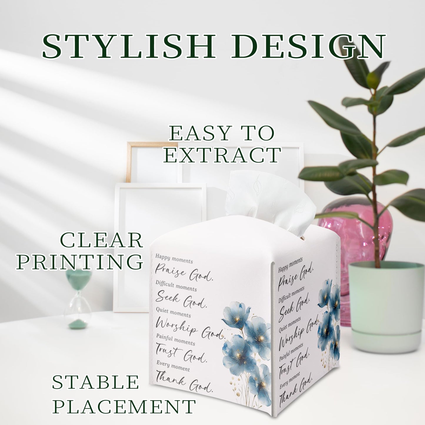 Blue Floral Tissue Box Cover, PU Leather Drawstring Bottom - Thank God, Inspirational Quotes, A Thoughtful Gift for Friends, Colleagues & Christian Loved Ones | Decorative Organizer